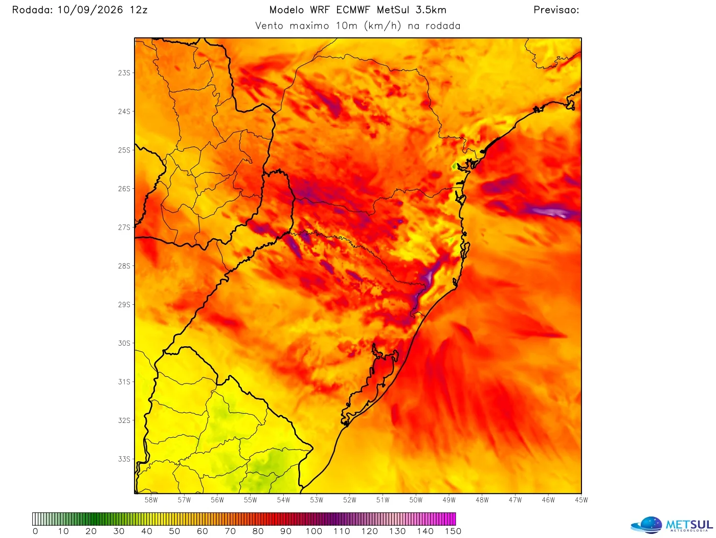 Projeção de vento máximo do modelo WRF-ECMWF da MetSul