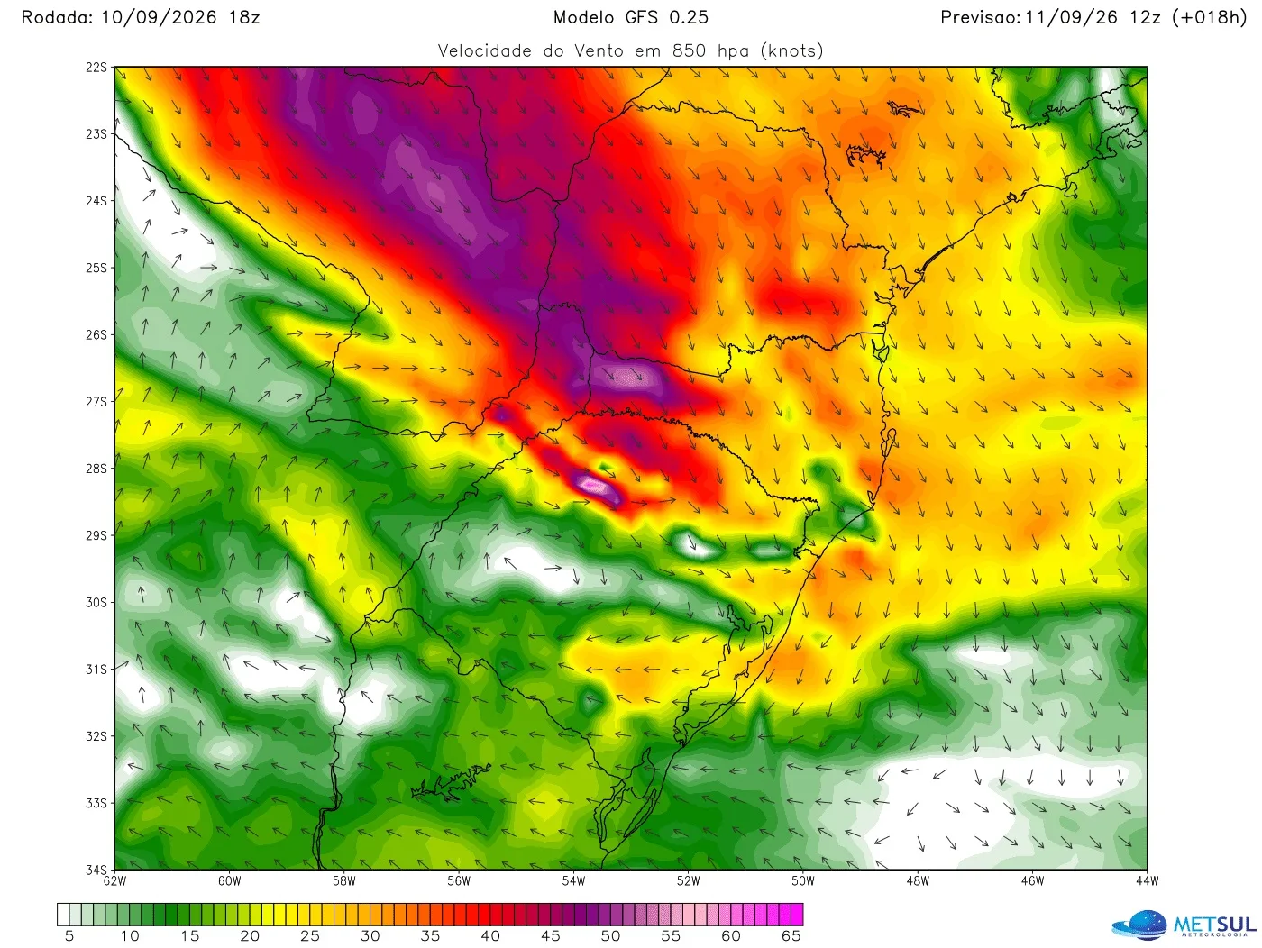Mapa de vento em 850 hPa com corrente de jato em baixos níveis