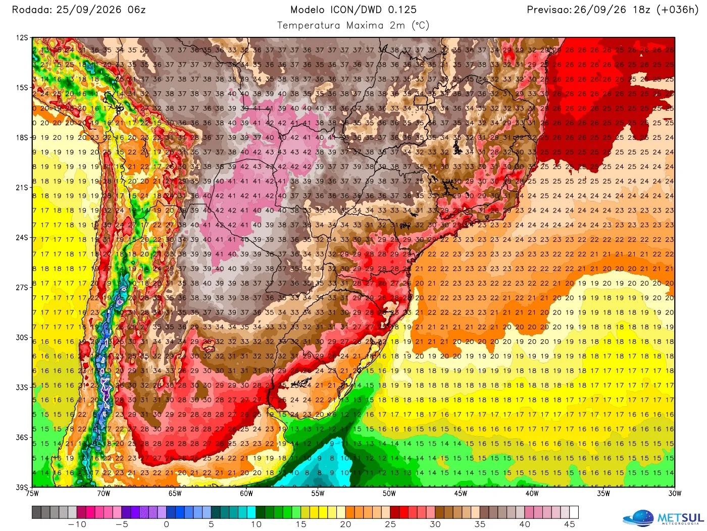 Temperaturas máximas previstas pelo modelo Icon para a tarde de sábado