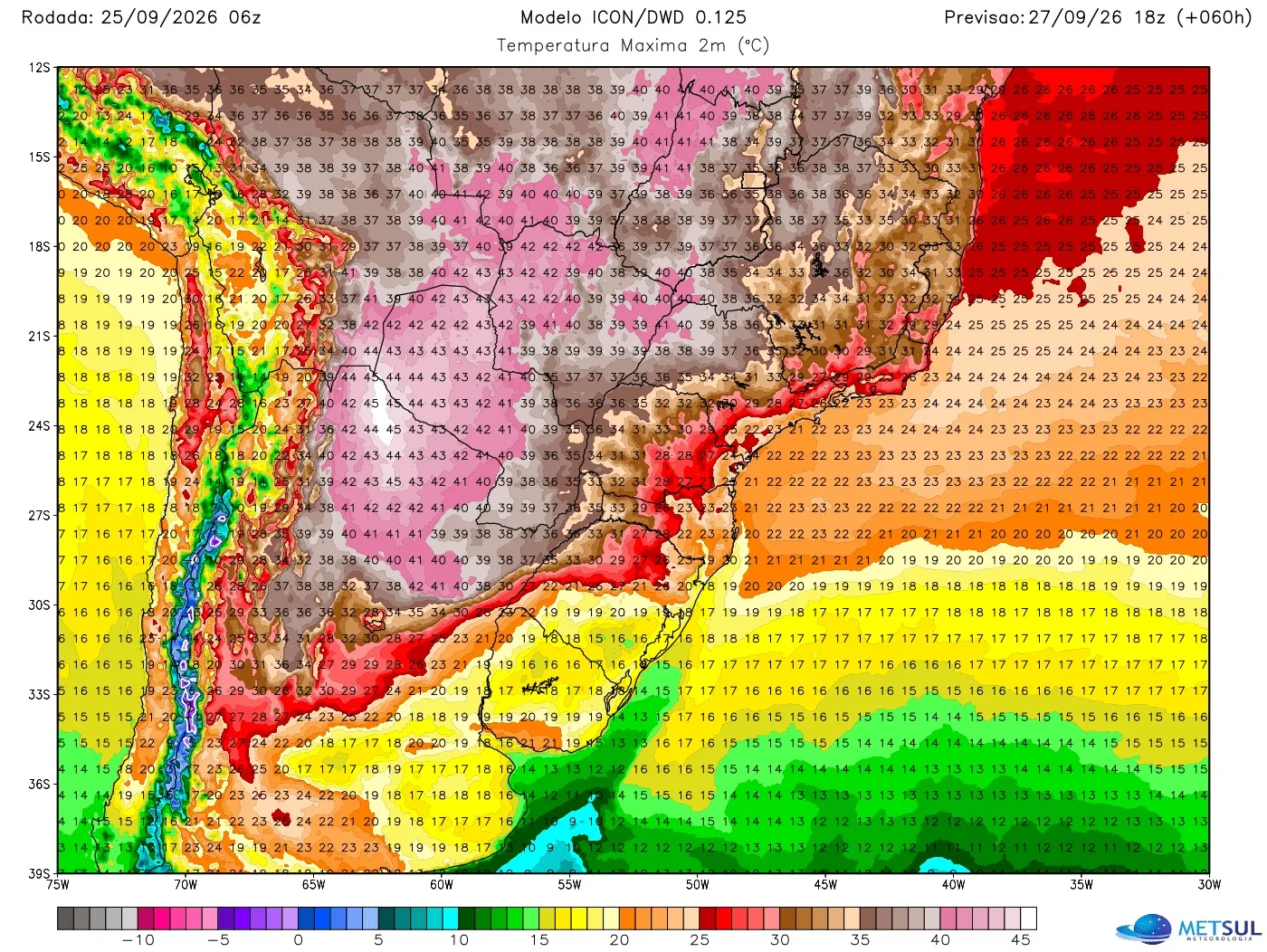Temperaturas máximas previstas pelo modelo Icon para a tarde de domingo