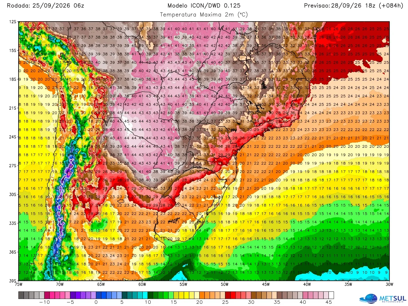 Temperaturas máximas previstas pelo modelo Icon para a tarde de segunda