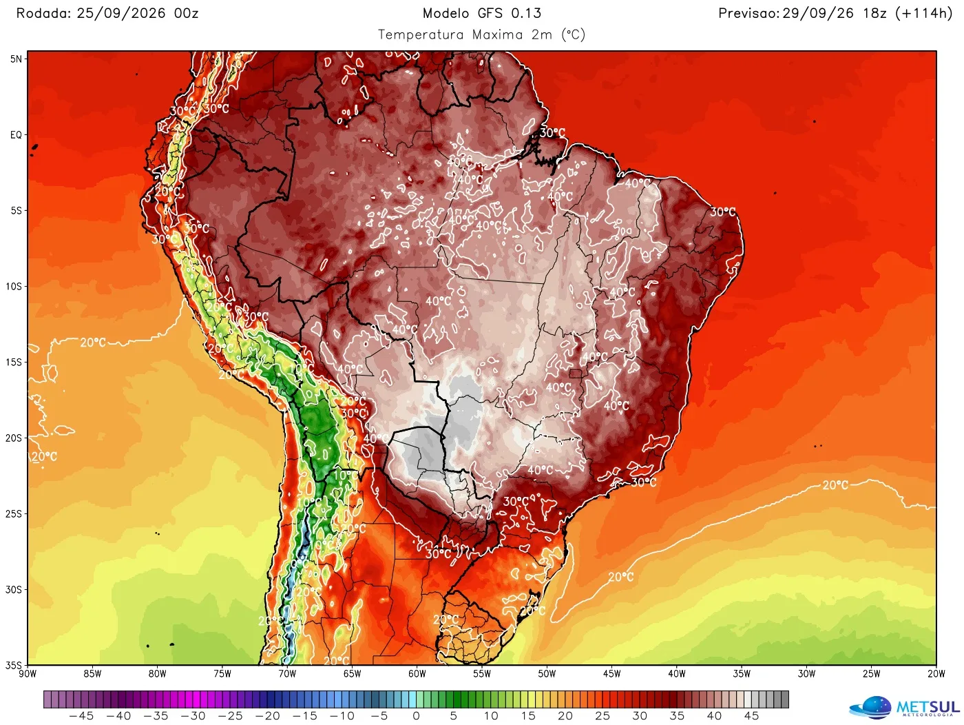 Mapa mostra áreas com calor intenso