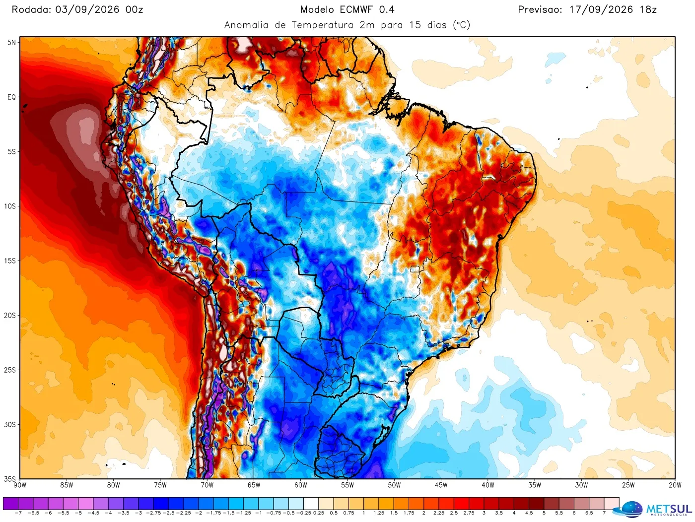 Mapa de anomalia de temperatura do modelo europeu para 15 dias 