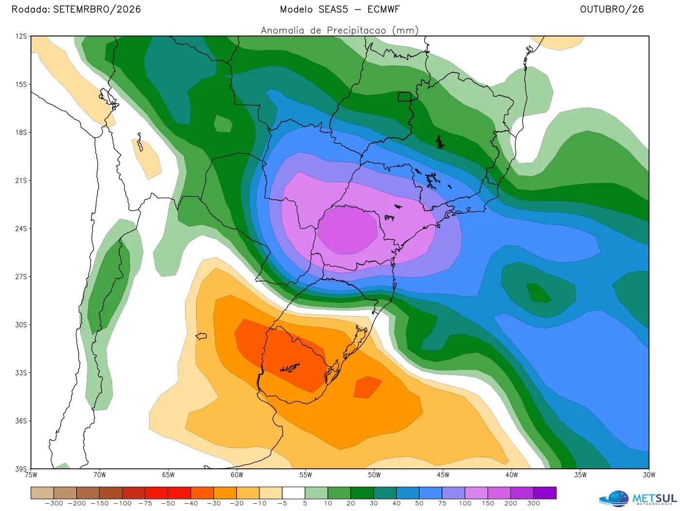 Projeção de anomalia de chuva do modelo SEAS-5 para outubro