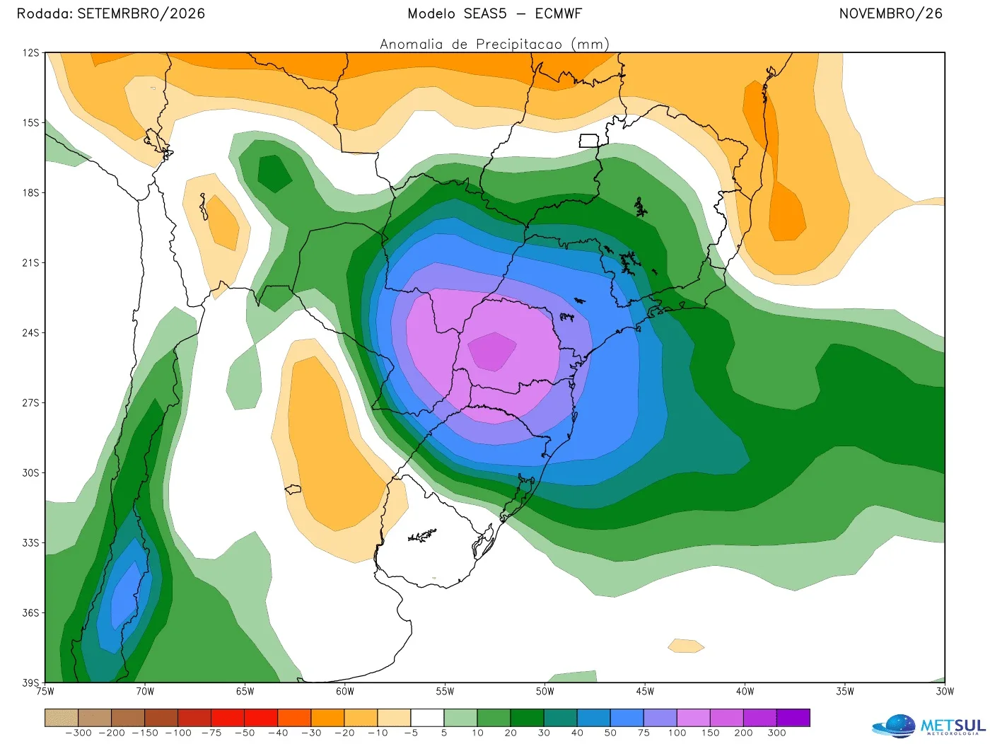 Projeção de anomalia de chuva do modelo SEAS-5 para novembro