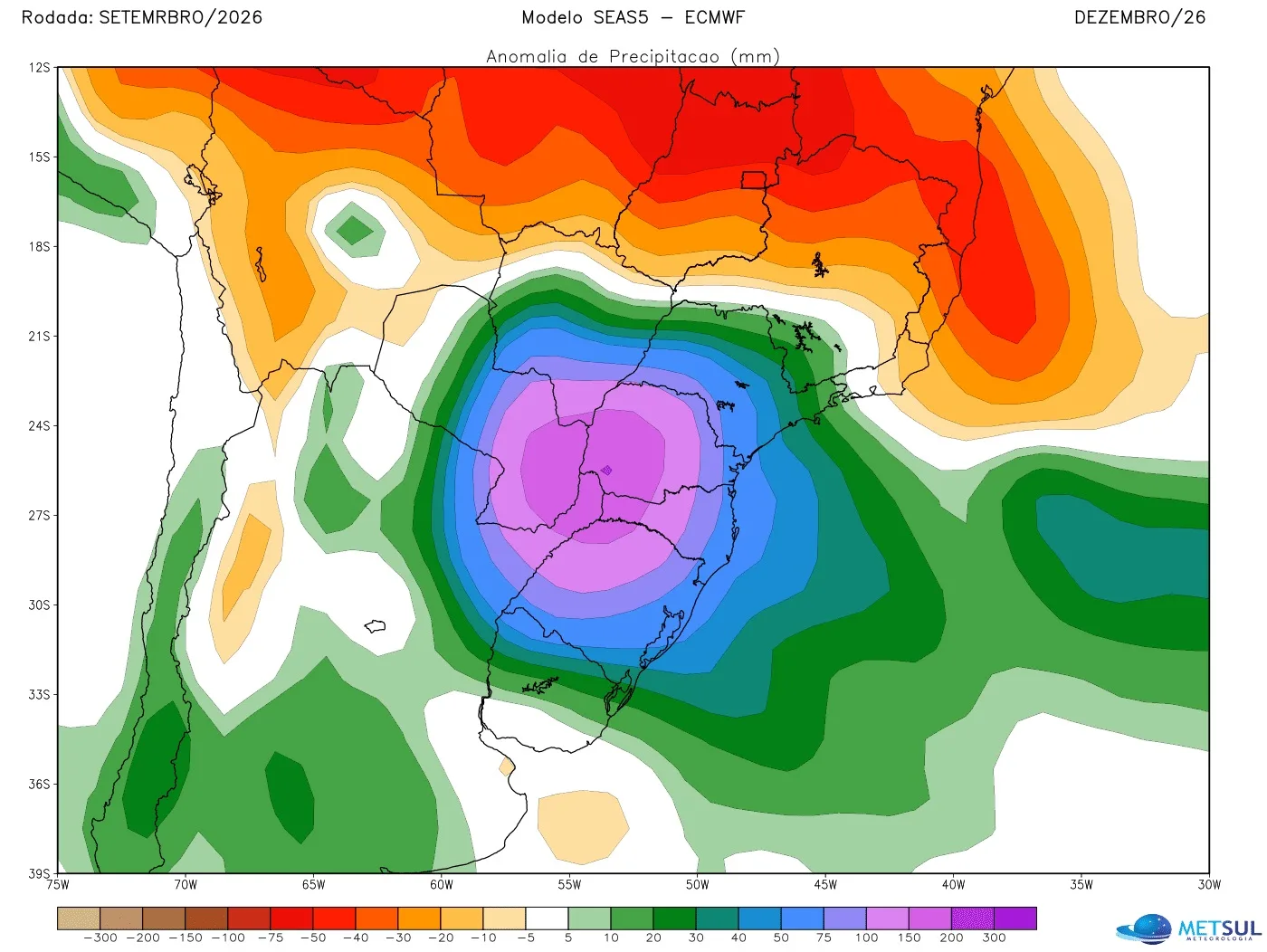 Projeção de anomalia de chuva do modelo SEAS-5 para dezembro