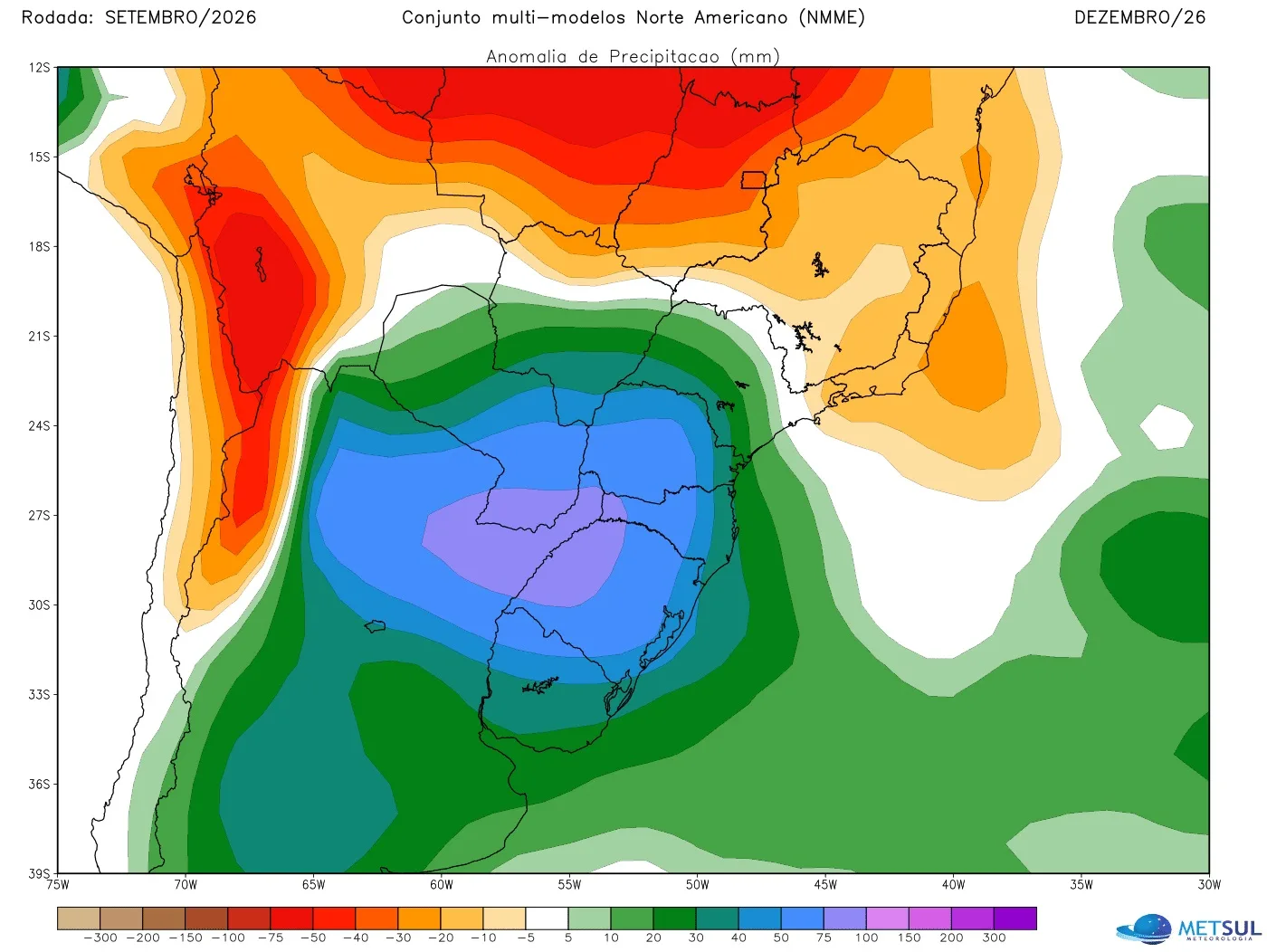 Projeção de anomalia de chuva do modelo NMME para dezembro