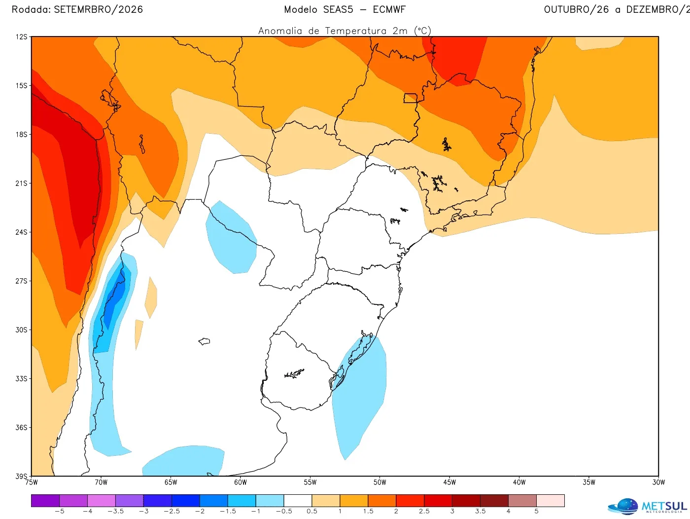 Projeção de anomalia de temperatura do modelo SEAS-5 para o trimestre outubro a dezembro