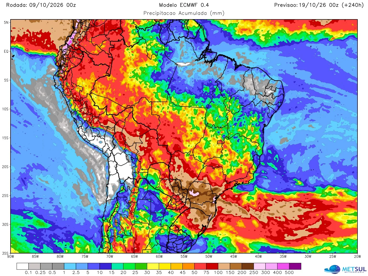 Mapa de chuva no Brasil em 10 dias 