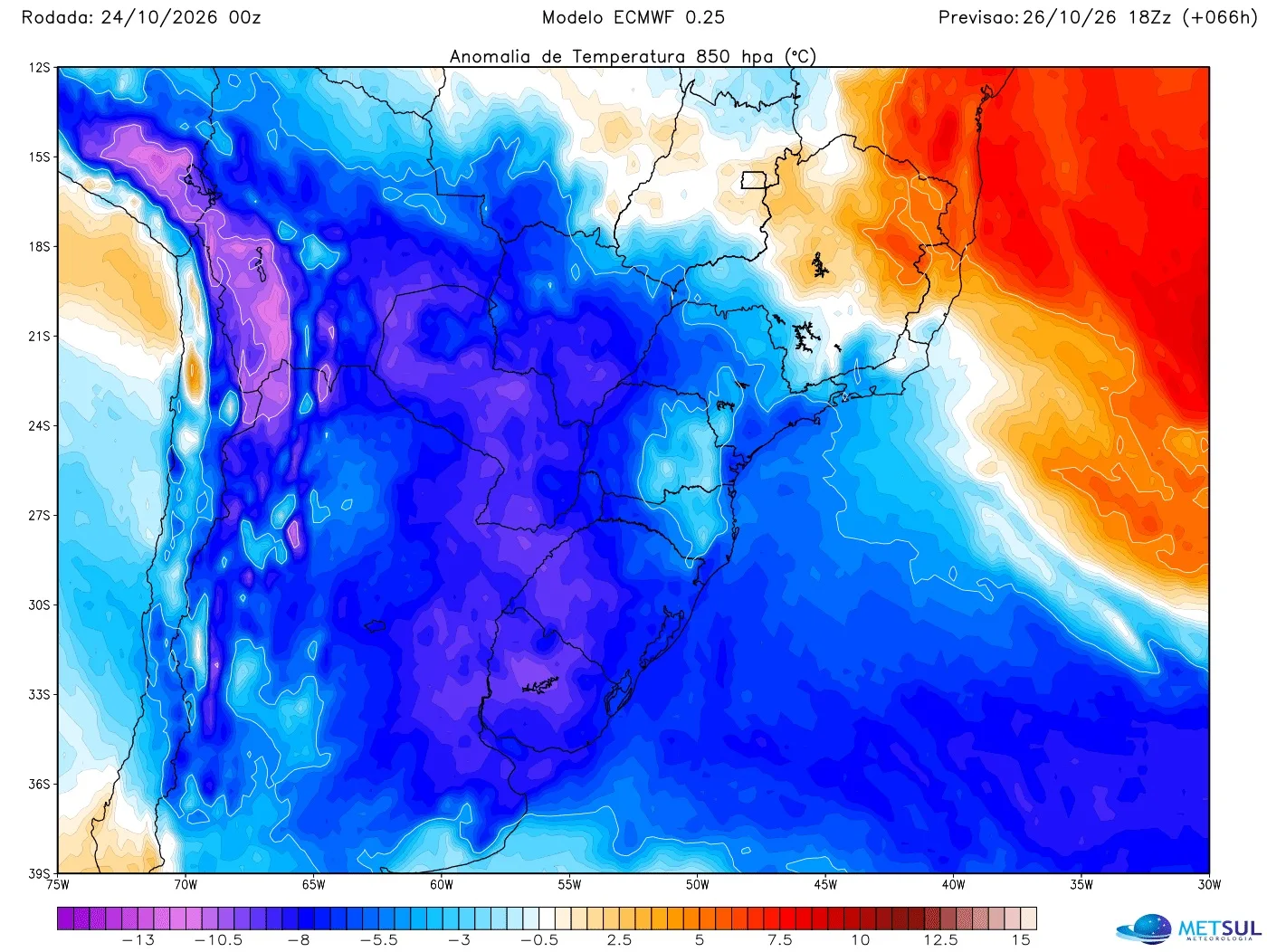 Mapa mostra massa de ar frio que vai impulsionar a frente fria