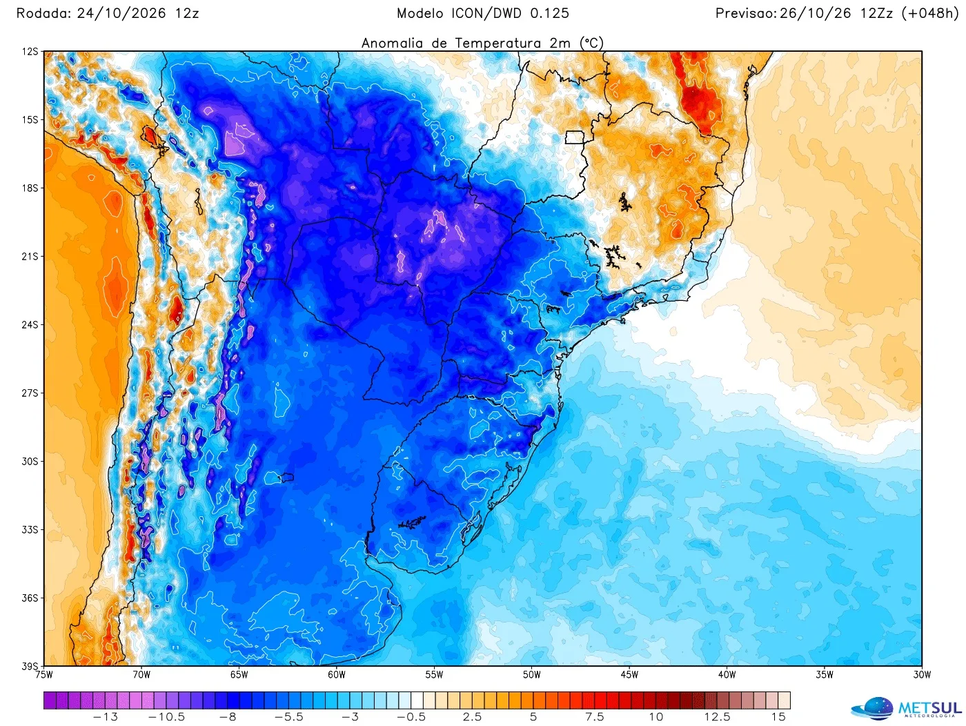 Mapa mostra avanço do ar frio no começo da semana