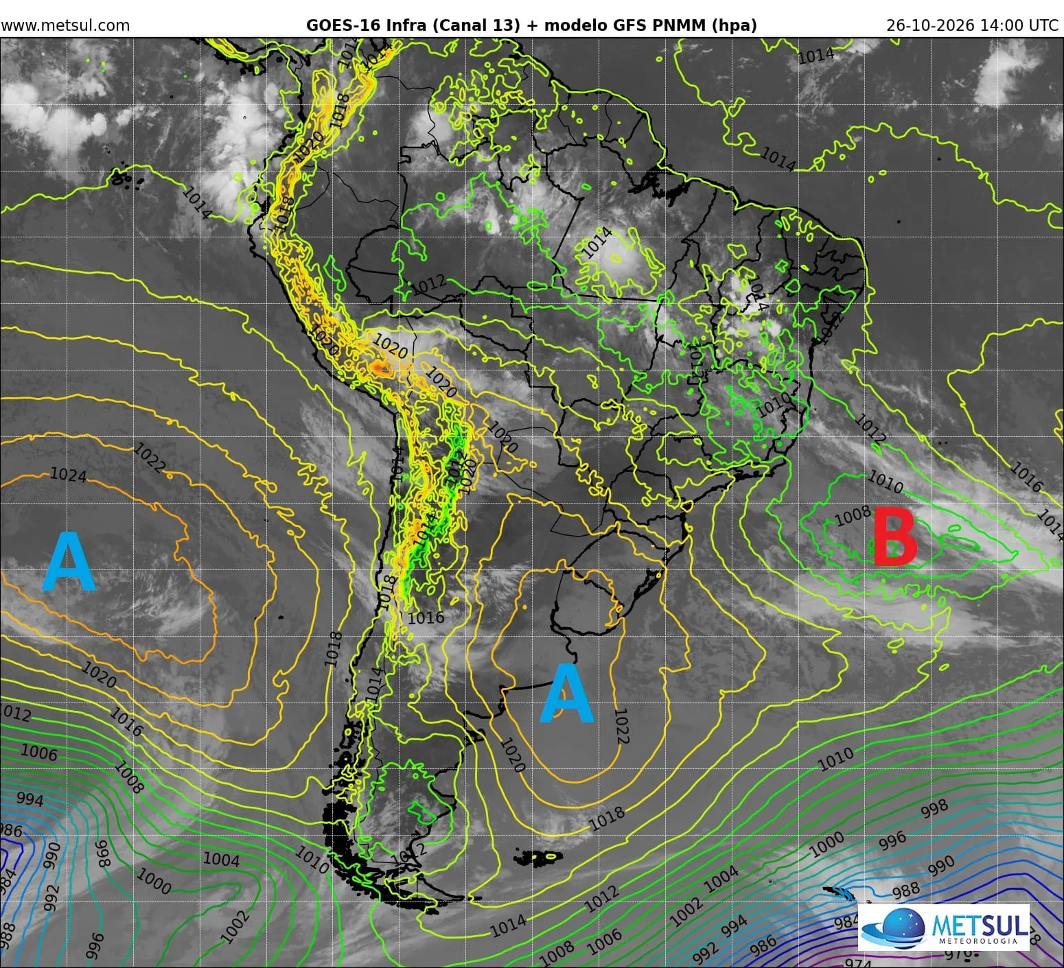 Imagem de satélite com campo de pressão mostra grande centro de alta pressão no Leste da Argentina