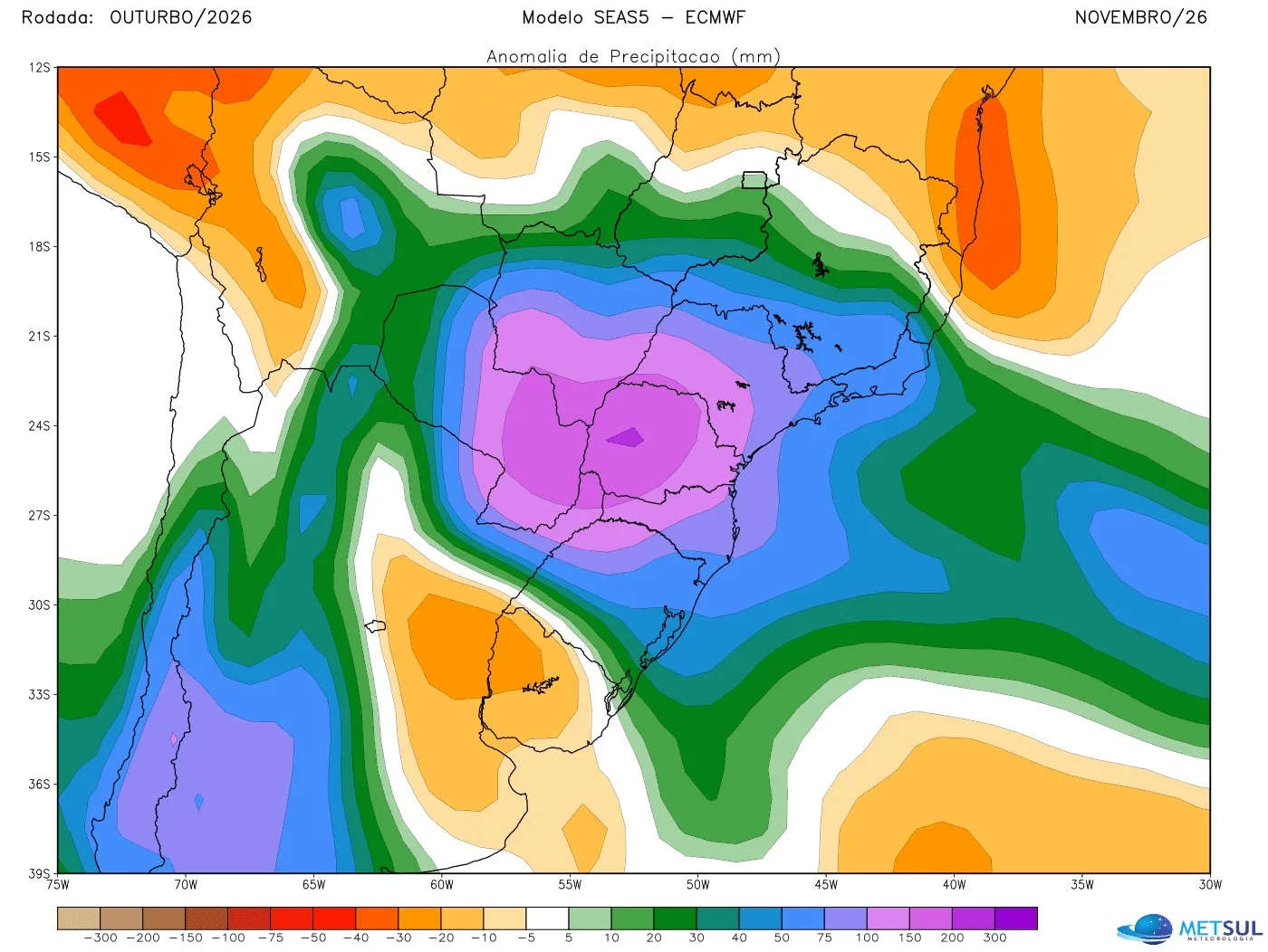 Projeção de anomalia de chuva do modelo europeu SEAS-5 para novembro