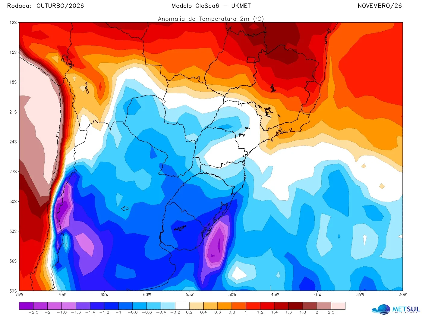 Projeção de anomalia de temperatura do modelo britânico para novembro
