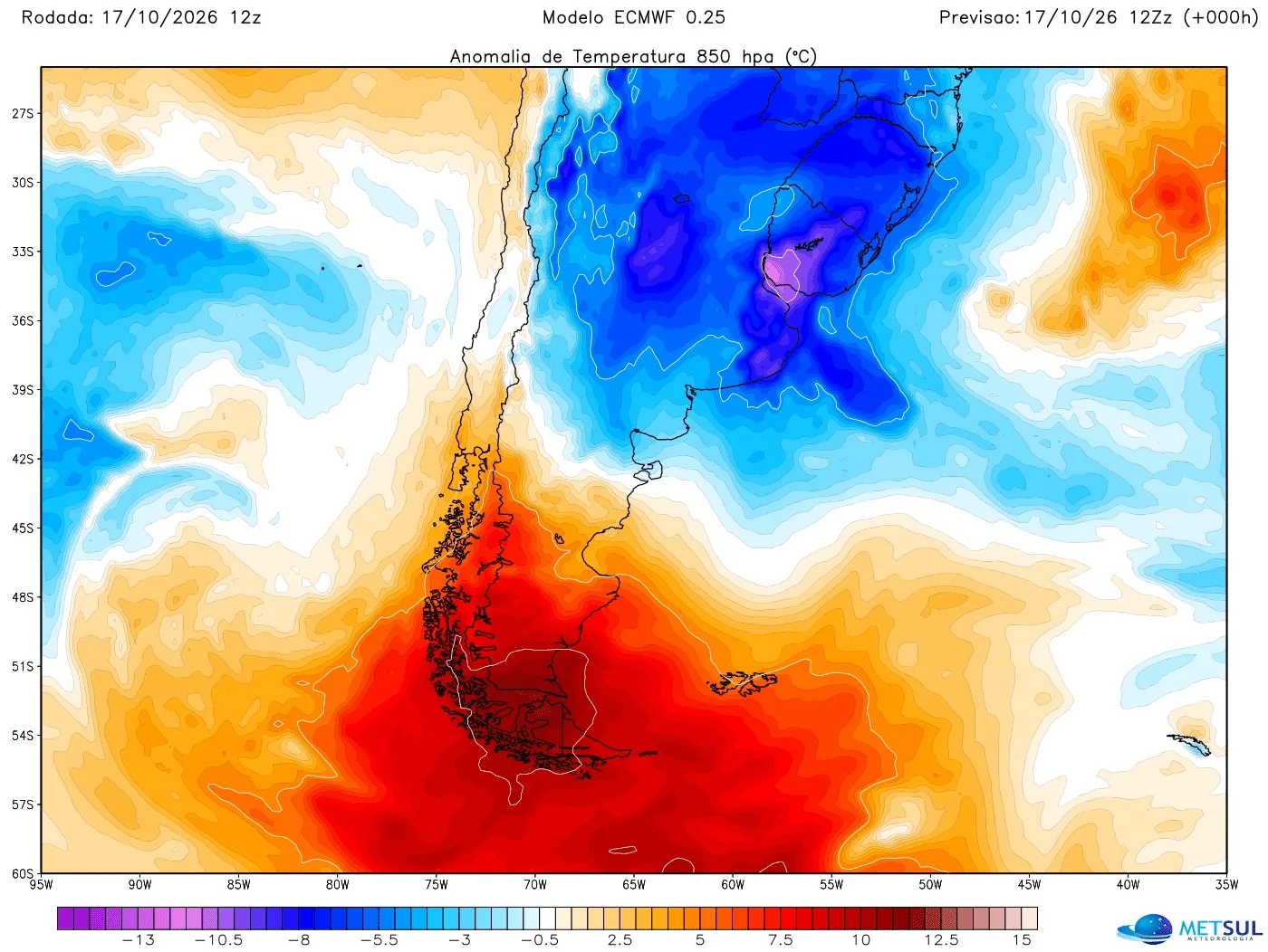 Massa de ar quente na Patagônia e massa de ar frio no Sul do Brasil 